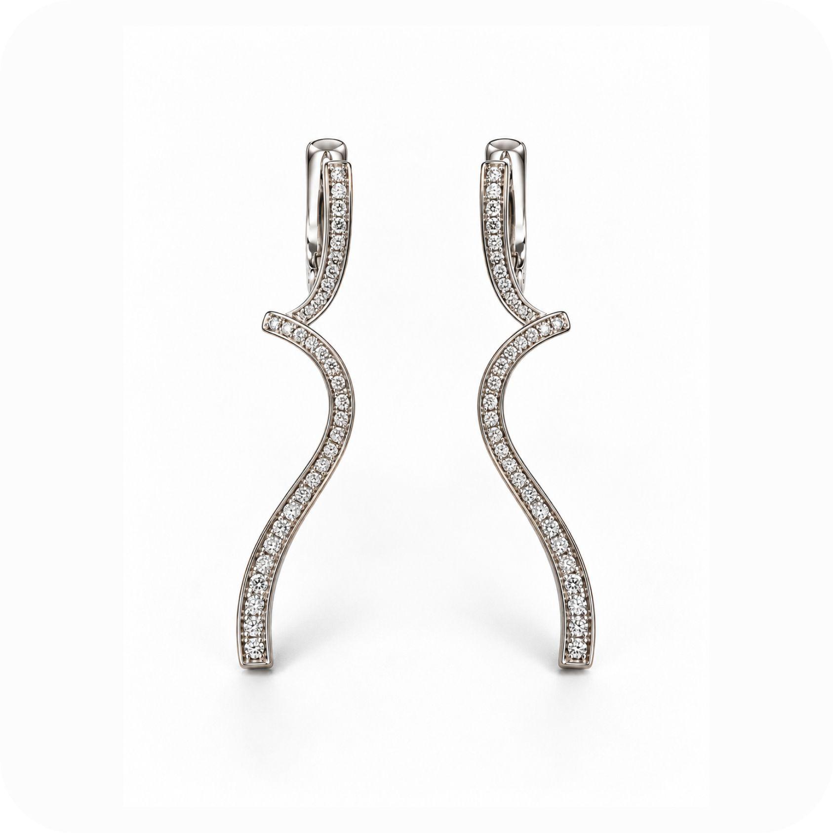 White Gold Curved Pave Wave Drop Earrings   