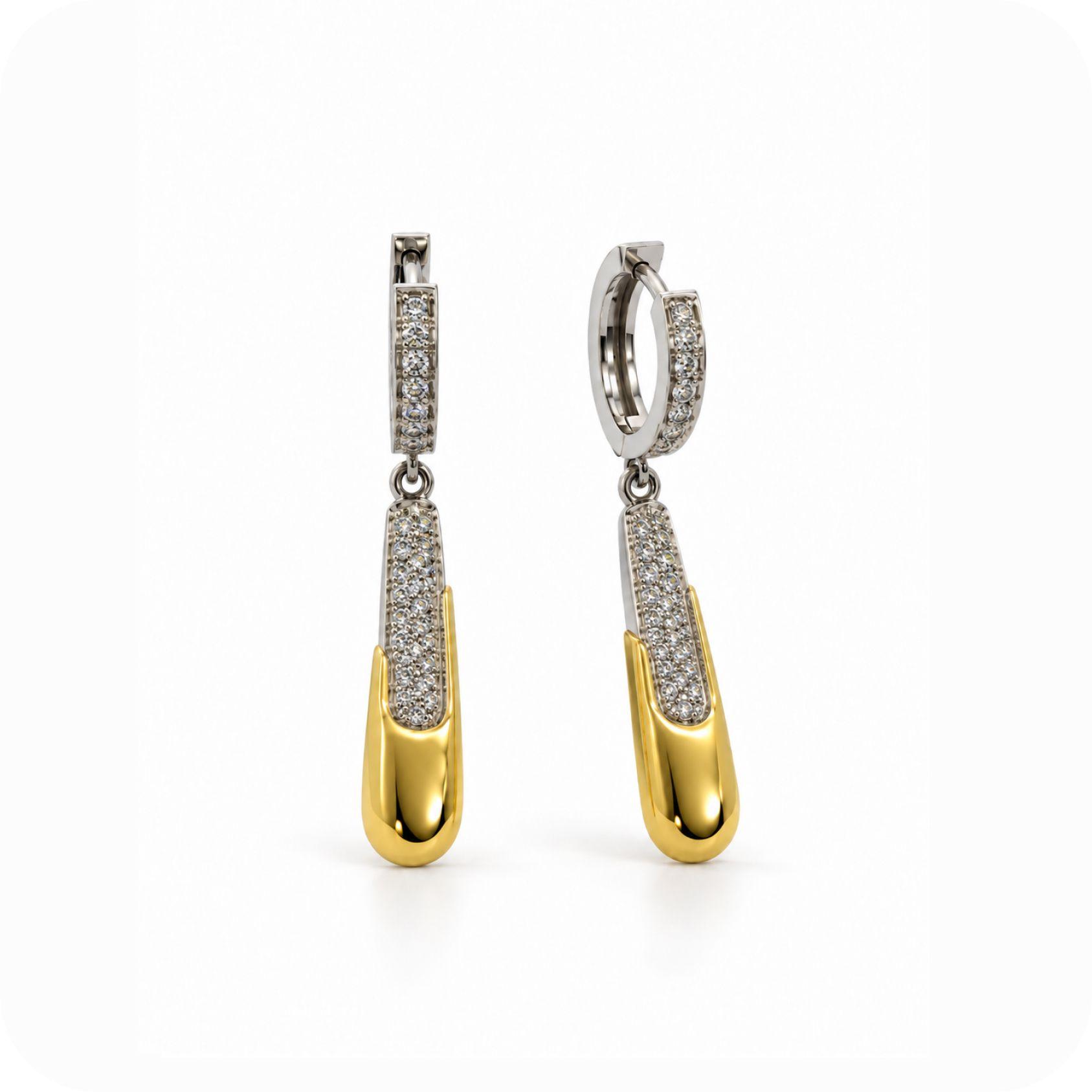 Two-Tone Gold Pave Drop Huggie Earrings    — Gold